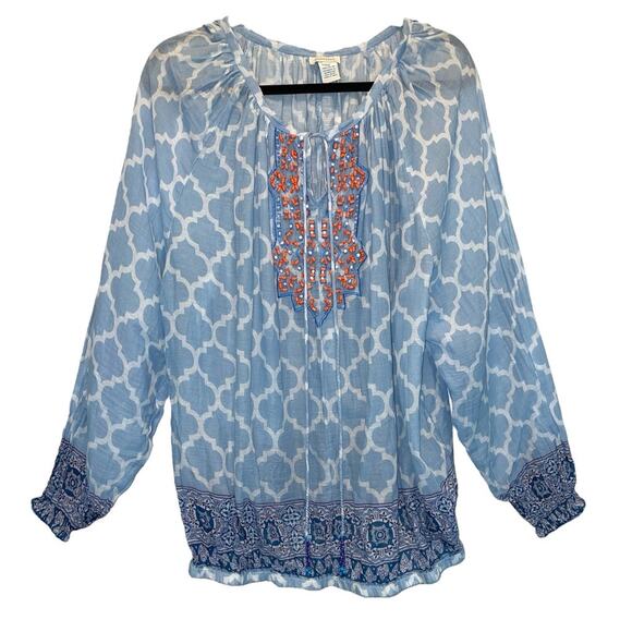 Sundance Blue Moroccan Trellis Print Beaded Peasant Top size Large - Picture 1 of 11